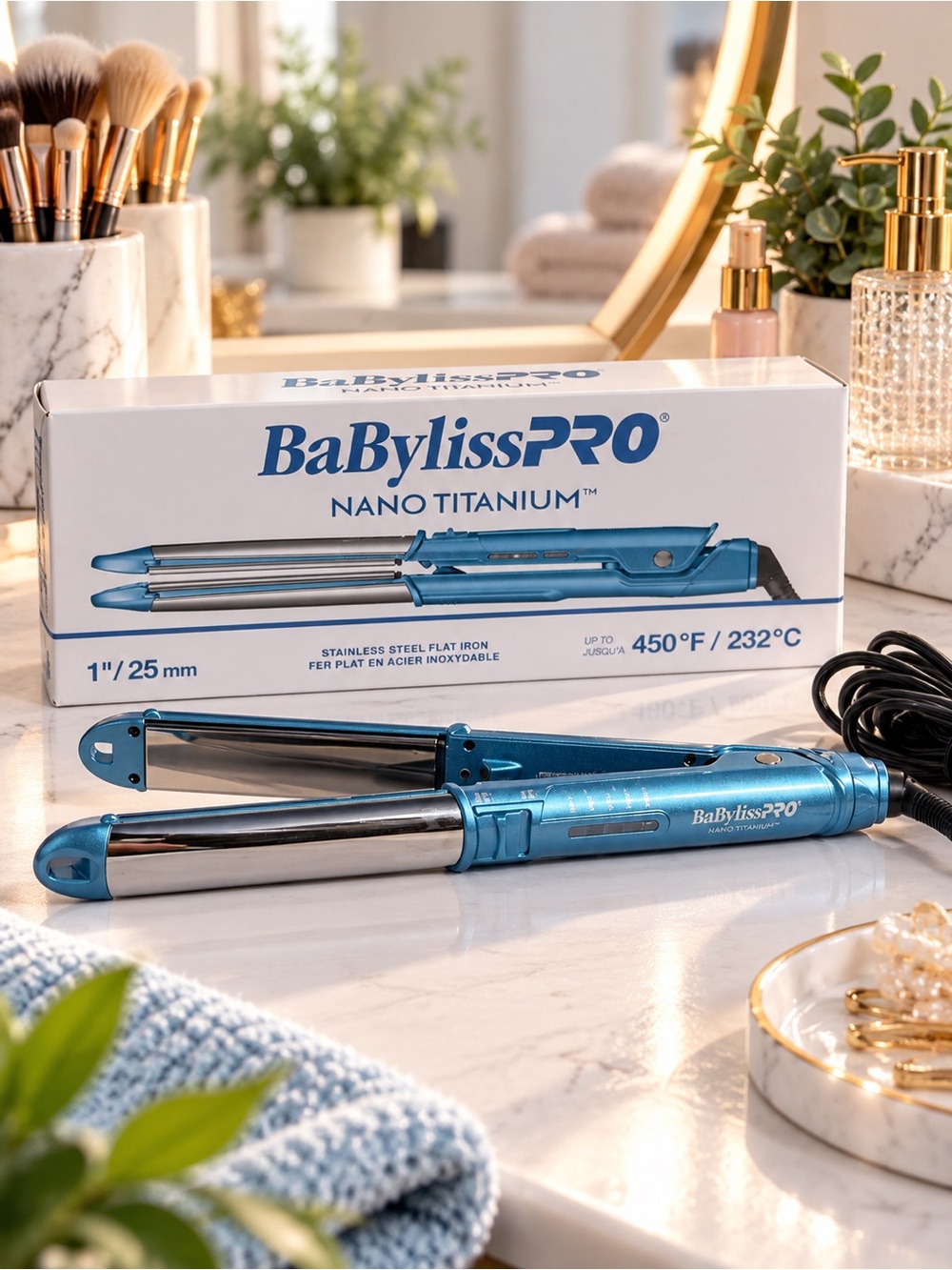 BaBylissPRO Nano Titanium 1” Stainless Steel Flat Iron 3-in-1 450°F